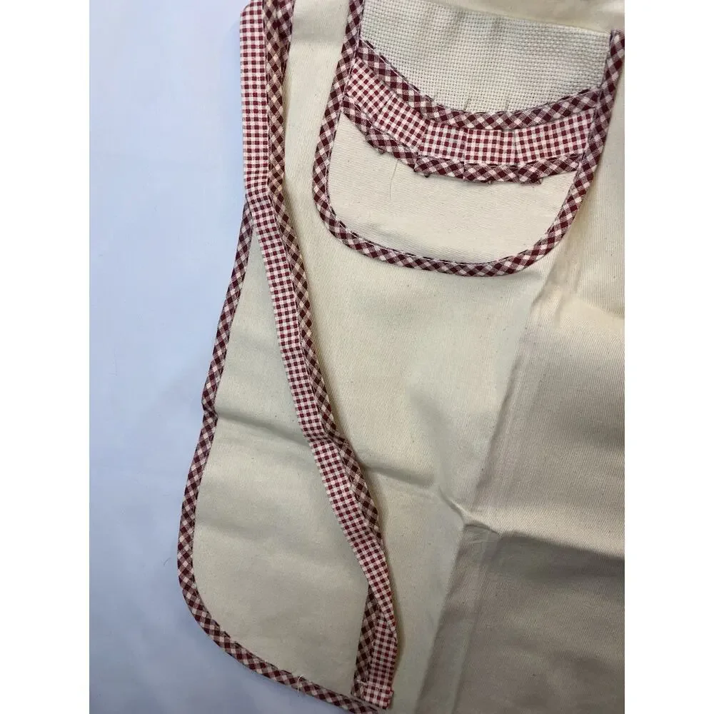 Nonna Embroidered Bib Apron Beige/Maroon Gingham Trim Pocket Cotton One Size